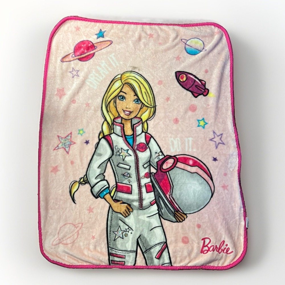 Barbie Fleece Soft Plush Throw Blanket Dream It Do It Astronaut Kids Pink 40x50